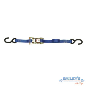 1-inch B/A Products S-Hook Ratchet Strap in blue polyester webbing with a rubber-coated S-hook and steel ratchet buckle, available in multiple lengths and rated for a 1,000 lb working load limit.